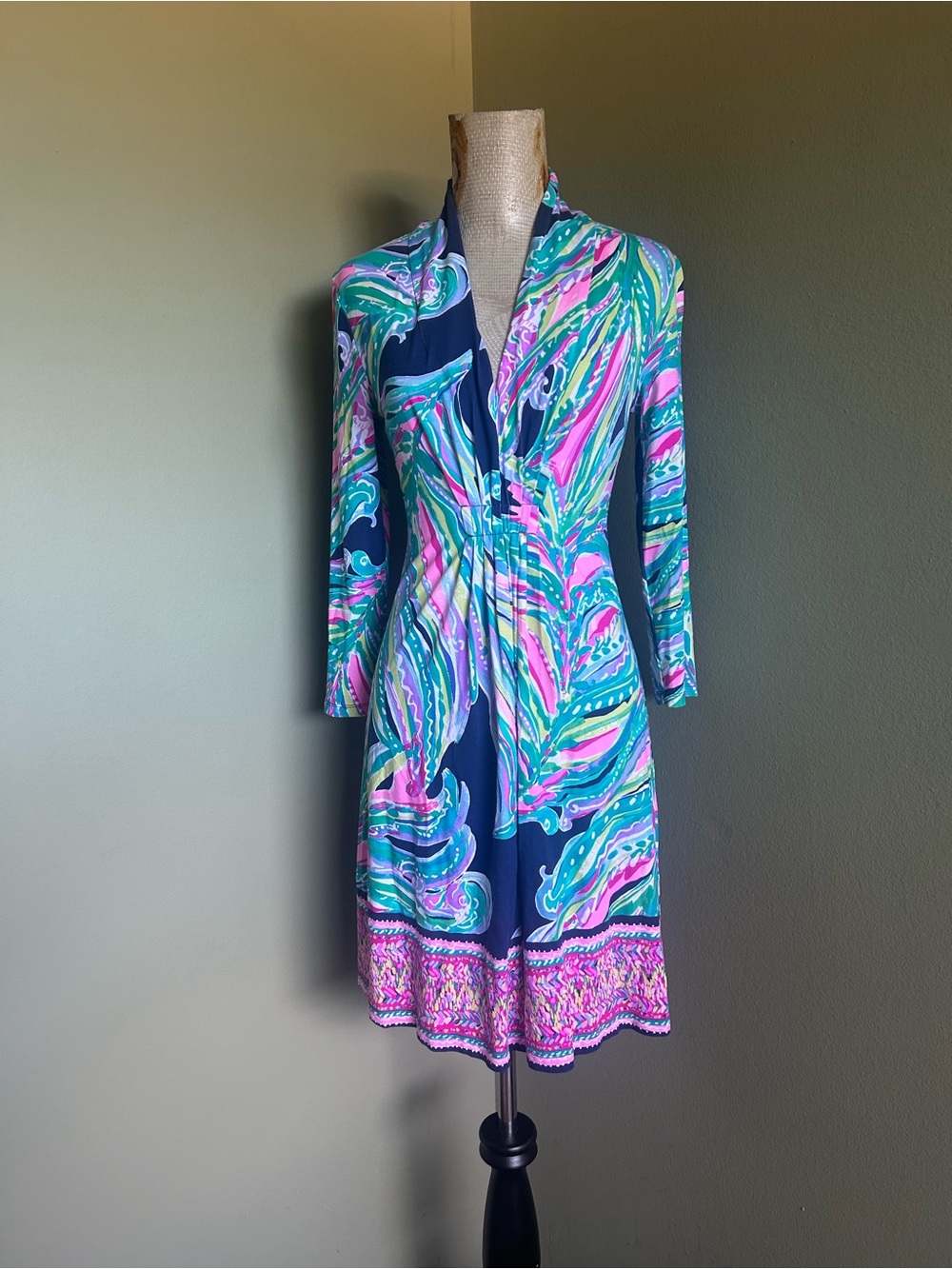 Lilly Pulitzer Navy 3/4 Sleeve Dress with Pink & Teal Swirl Print